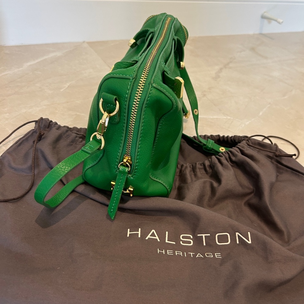 Halston (Designer) genuine leather hand/crossbody bag - bright green/gold hardwr